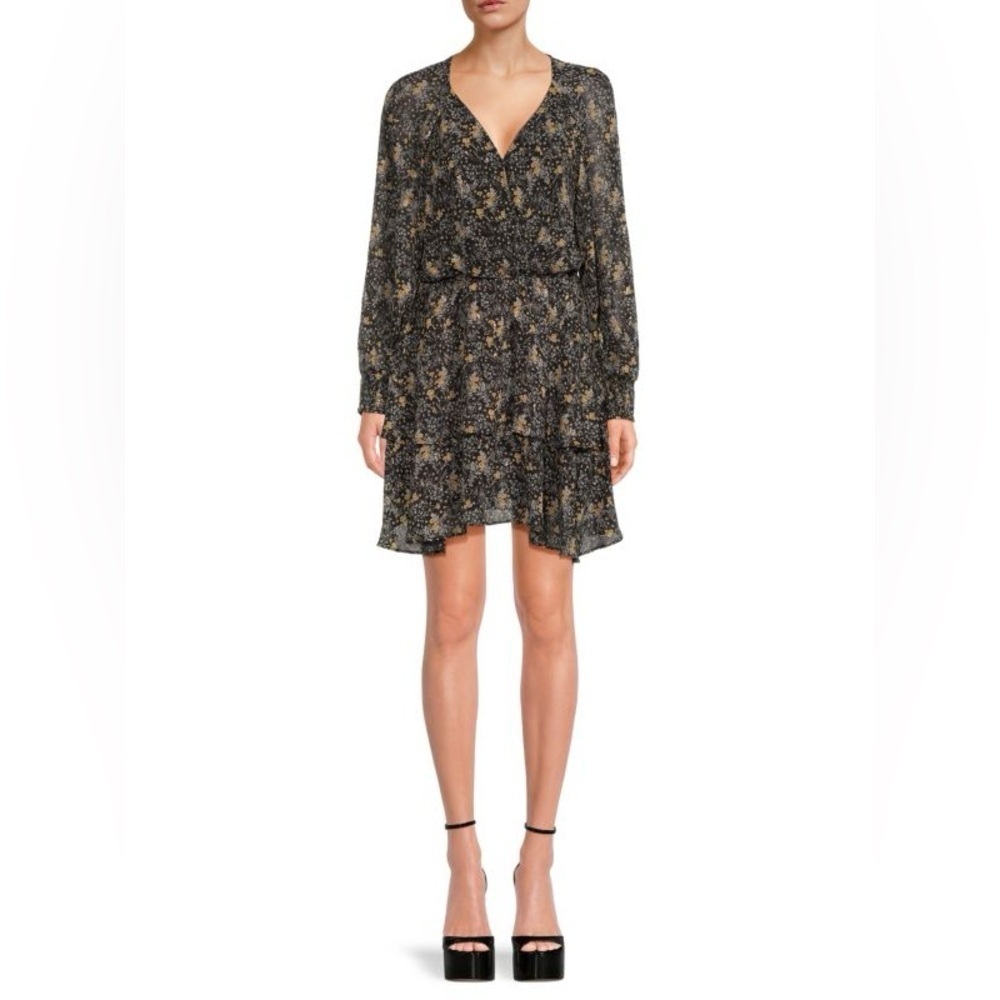 NWOT ASTR The Label Faux Wrap Blouson Chiffon Dress in Black/Gold Size M